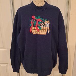 Bon Worth Vintage Holiday Christmas Kitten Sweatshirt - Ugly Christmas Sweater